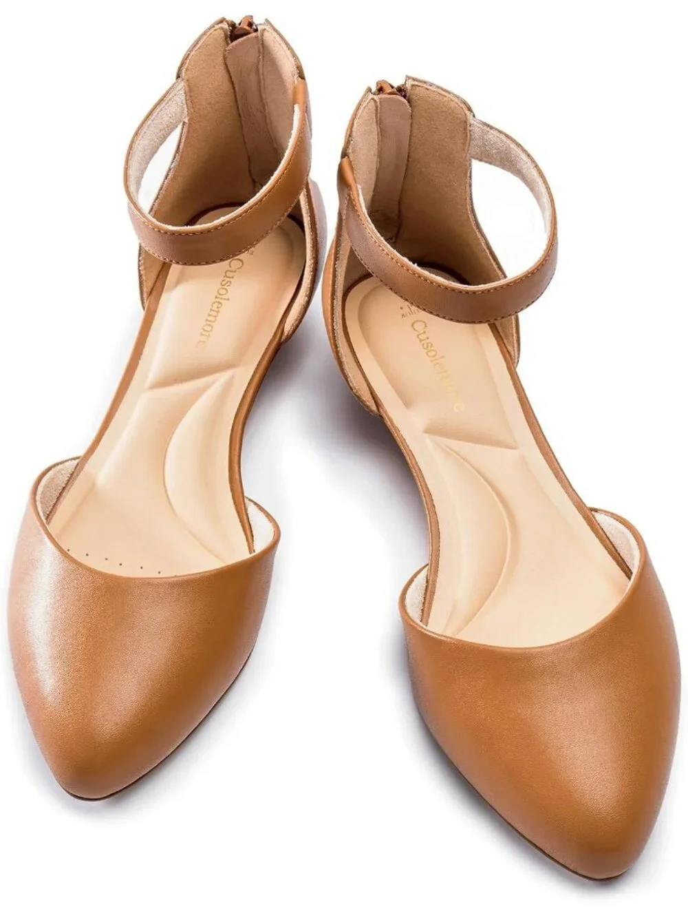 Women's Tan Pu Leather Flats Ankle Strap Comfortable Pointed Toe Dress Shoes